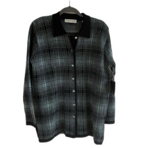 Valerie Stevens 100% Wool New Button Up Cardigan Women’s Medium Plaid Blue Black